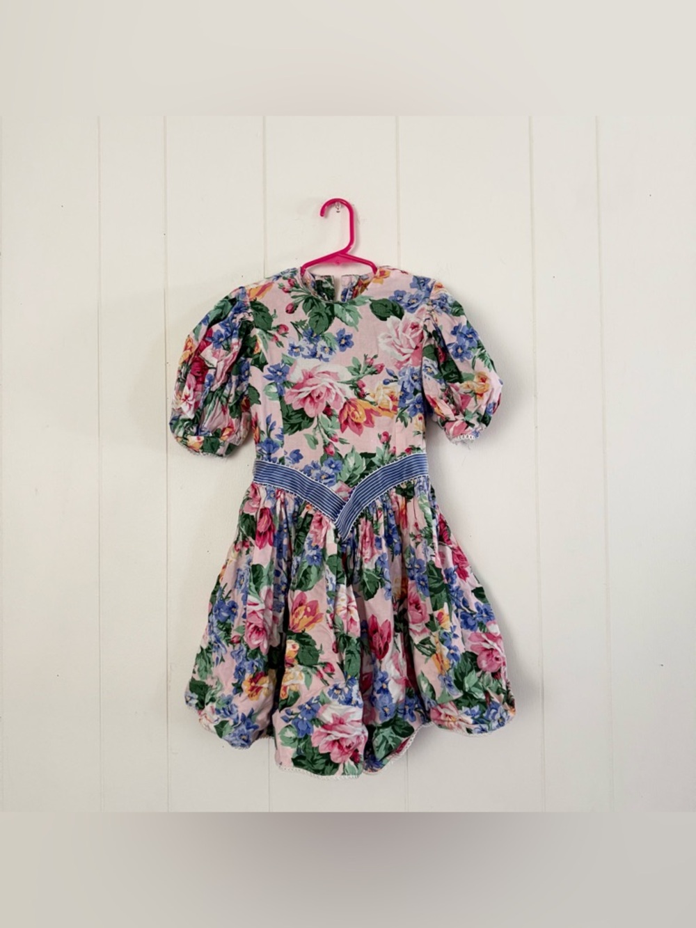 Vintage Handmade Girls Floral Puff Sleeve Dress in Pink Combo Puff Sleeve Sz 6